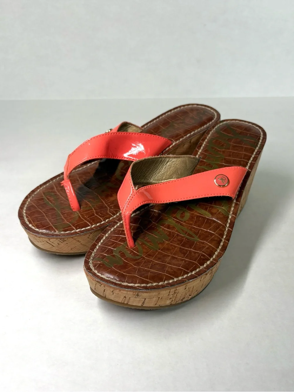 Sam Edelman Romy Croc Print Cork Wedge Thong Sandal US 7.5 Coral